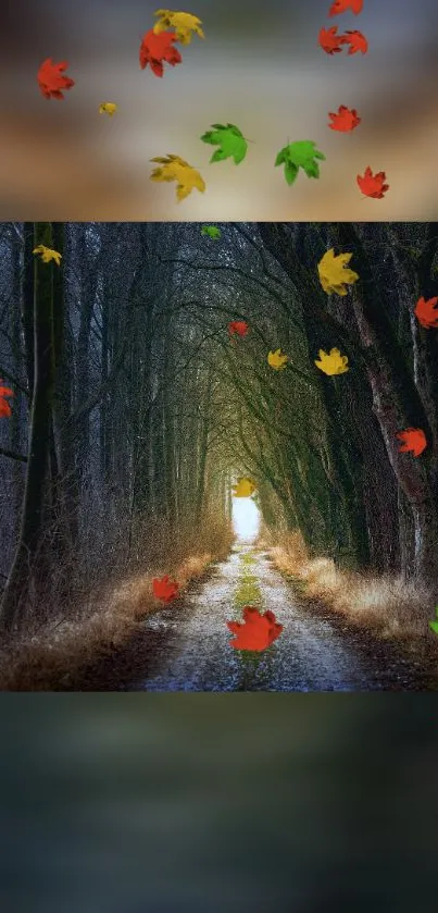 Autumn forest path with colorful leaves falling