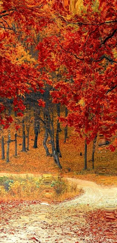 Colorful autumn forest path with red leaves.