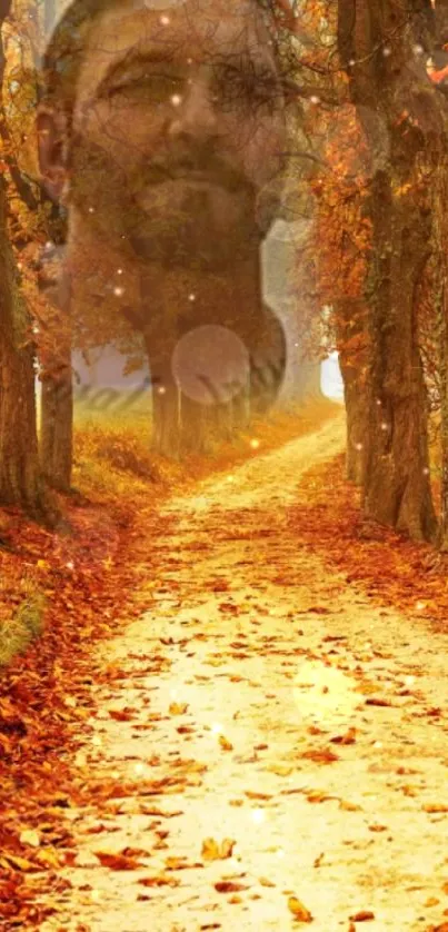 Serene autumn forest path with golden leaves.