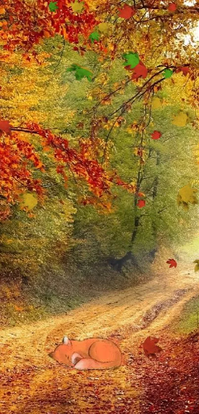 A serene forest path during autumn with vibrant orange leaves.