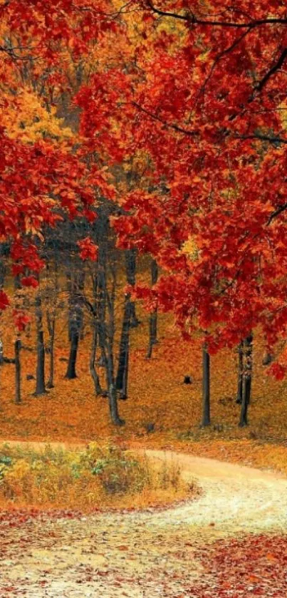 Vibrant red leaves over a forest path in autumn.