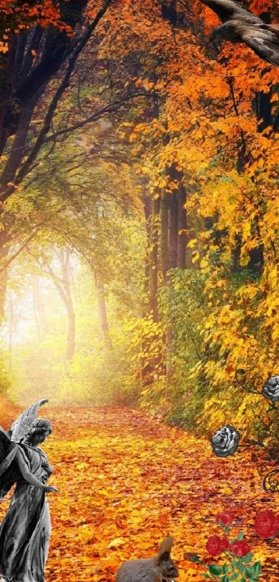 Autumn forest path with vibrant leaves and a mystical statue.