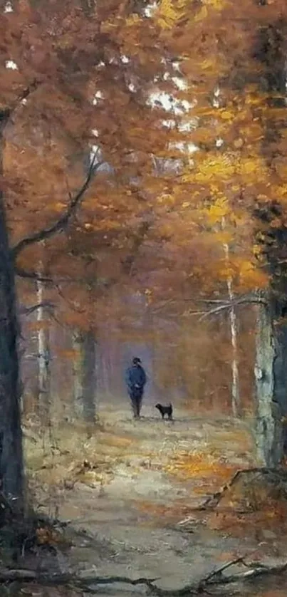 Serene autumn forest path wallpaper with figure and dog.