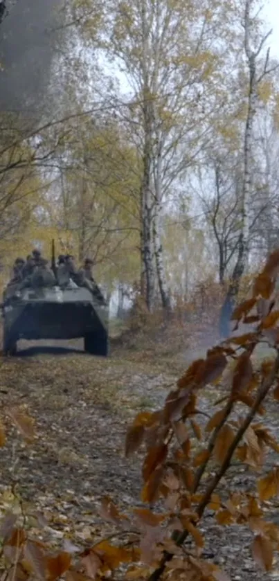 Military vehicle on autumn forest trail.