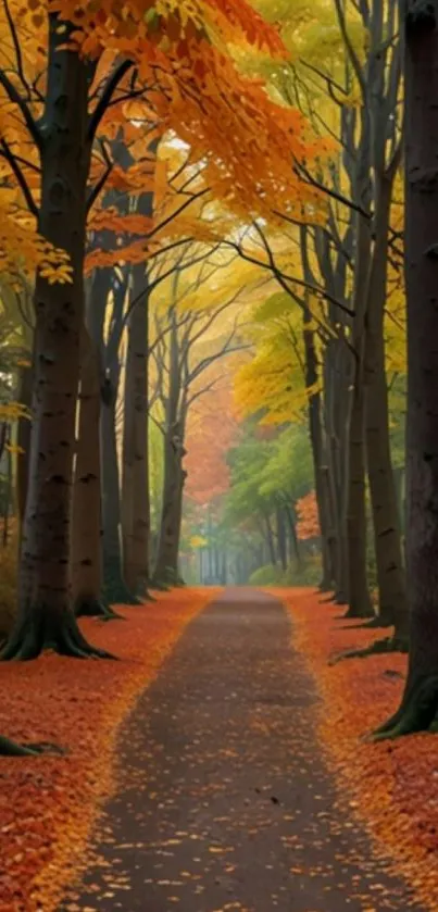 Tranquil autumn forest path with vibrant leaves.