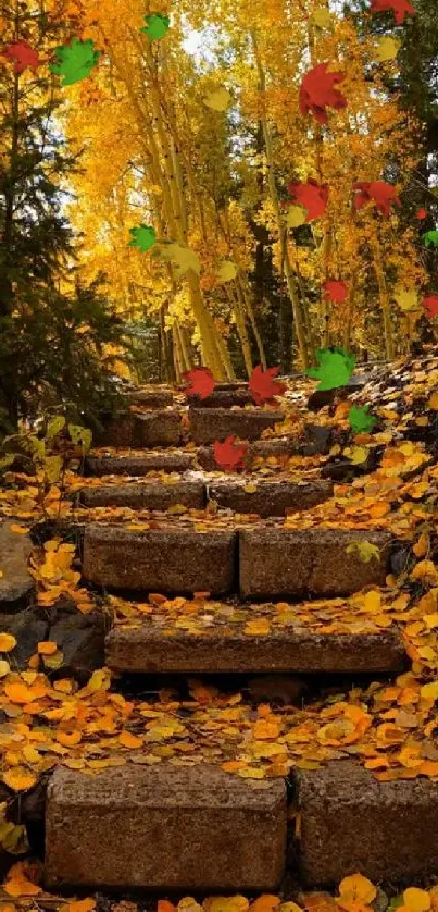 Golden autumn leaves on a forest pathway with stone steps.