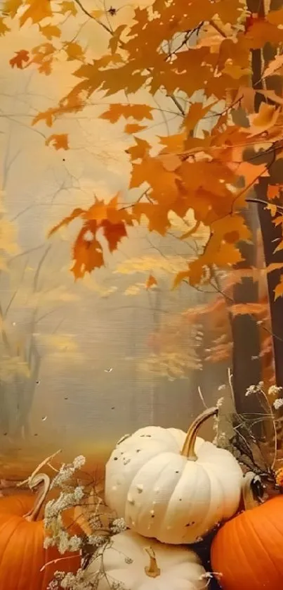 Autumn forest scene with pumpkins.