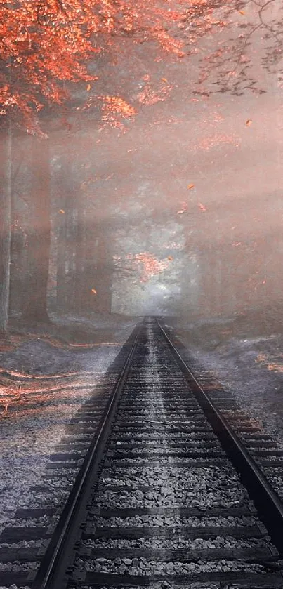 Railway fading into an autumn forest with vibrant foliage.