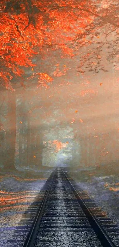 Autumn forest railway path with orange foliage and sun rays filtering through trees.