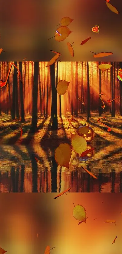 Autumn forest with golden leaves reflected on a serene lake.