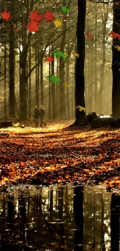 Tranquil autumn forest with golden leaves and reflections.