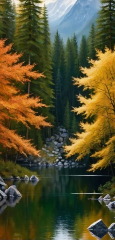 Colorful autumn forest with reflecting lake in serene landscape.