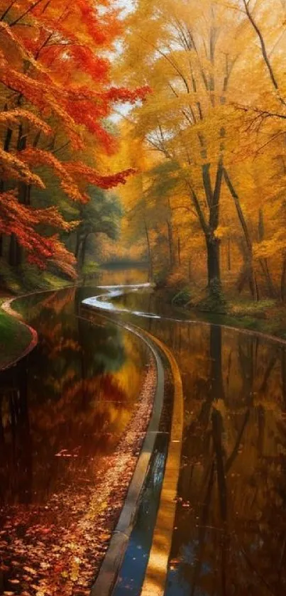 Autumn forest with vibrant fall colors and reflective waterway.