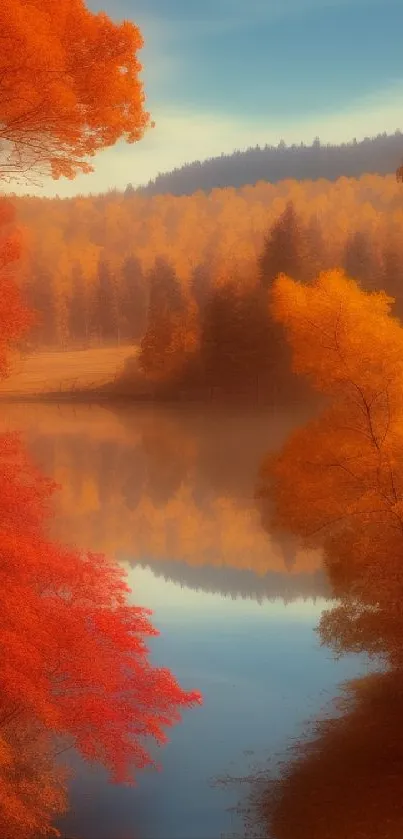 Autumn forest with orange leaves reflecting on a calm lake.