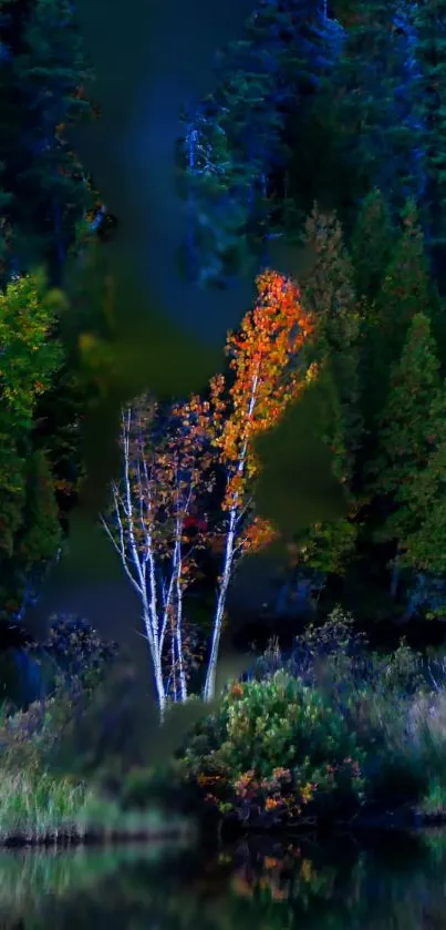 Vibrant autumn forest with water reflection.