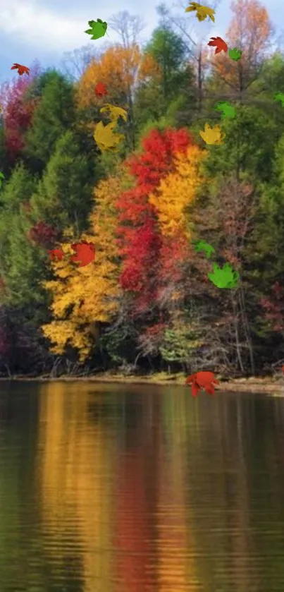 Autumn forest with colorful leaves reflected on a calm lake surface.