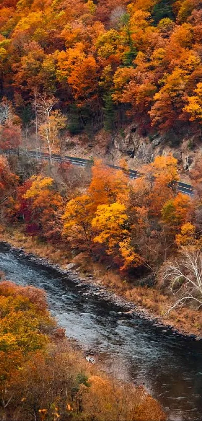 Stunning autumn landscape with river and orange foliage.