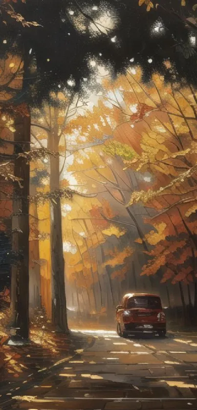 Vintage car on a road through an autumn forest with falling leaves.