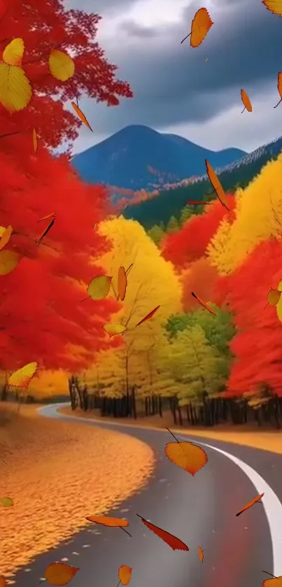 Scenic autumn road with vibrant red and yellow foliage.