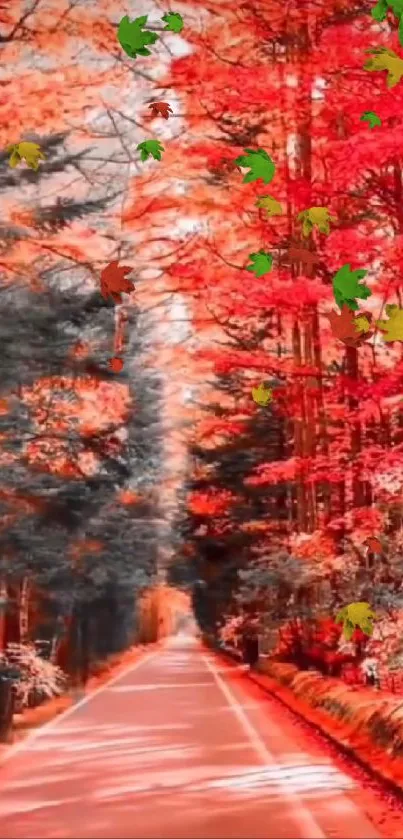 Autumn road through vibrant red and orange forest trees.