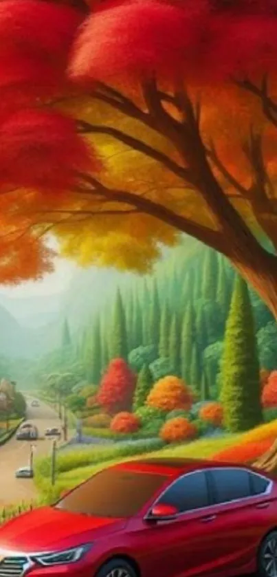 Red car under autumn trees with vibrant landscape view.