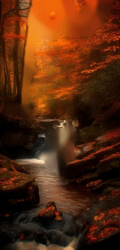 Serene autumn forest stream with vibrant orange foliage.