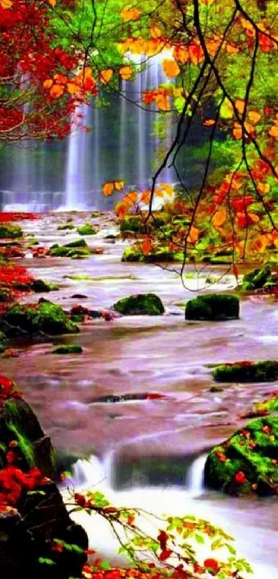 Serene autumn forest stream wallpaper with waterfall and vibrant foliage.