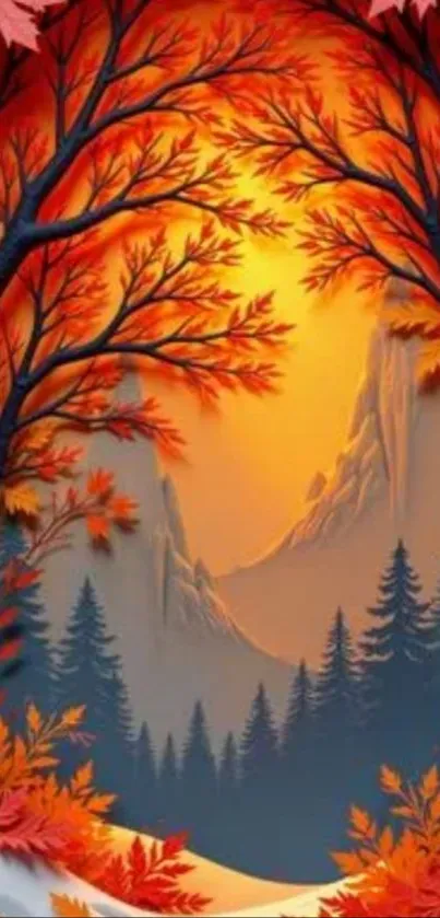 Vibrant autumn forest wallpaper with sunrise.