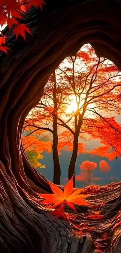 Vibrant autumn forest with sunrise view.