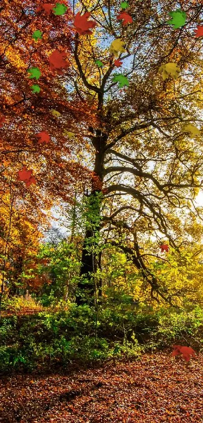 Sunrise in a colorful autumn forest with vibrant foliage.