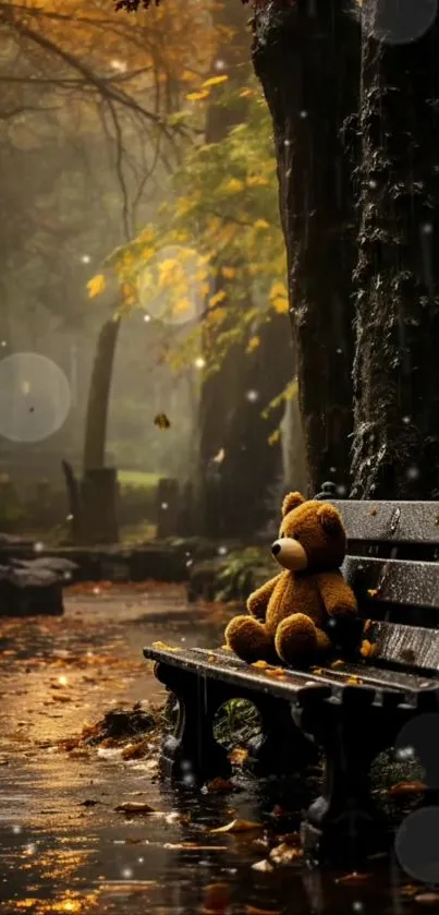 Teddy bear on a bench in an autumn forest with falling leaves.