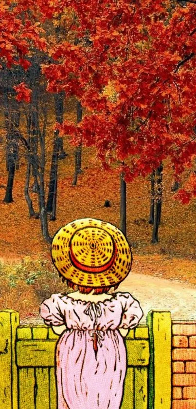 Vintage art of girl in bonnet admiring autumn forest scene.