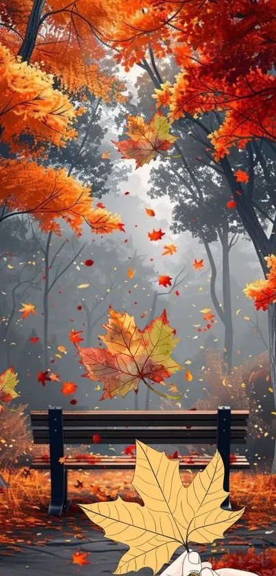 Vibrant autumn forest with orange leaves and a wooden bench on mobile wallpaper.