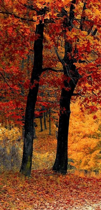 Vibrant autumn forest with red-orange leaves.