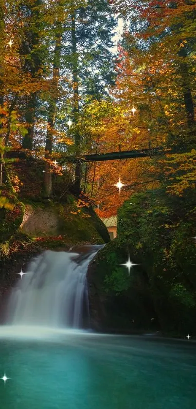 Waterfall amidst vibrant autumn forest with lush foliage.
