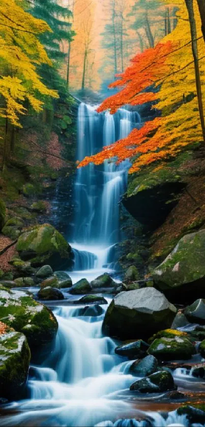 Beautiful autumn forest waterfall scene with vibrant orange leaves.