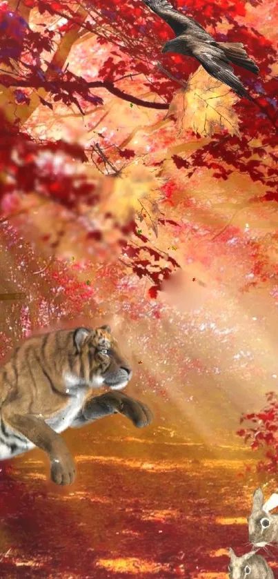 Wallpaper of a tiger in a sunlit autumn forest with vibrant red foliage.