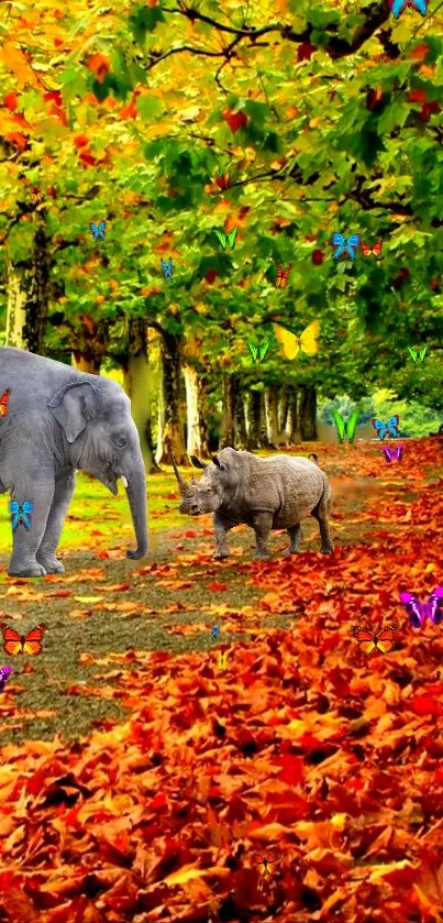 Elephant and rhino in an autumn forest with colorful butterflies.