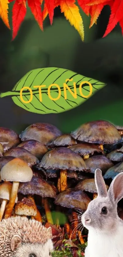 Autumn forest wallpaper with mushrooms and animals