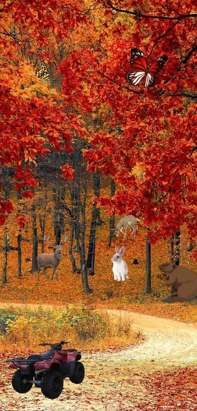 Vibrant autumn forest with wildlife and a red ATV on a winding path.