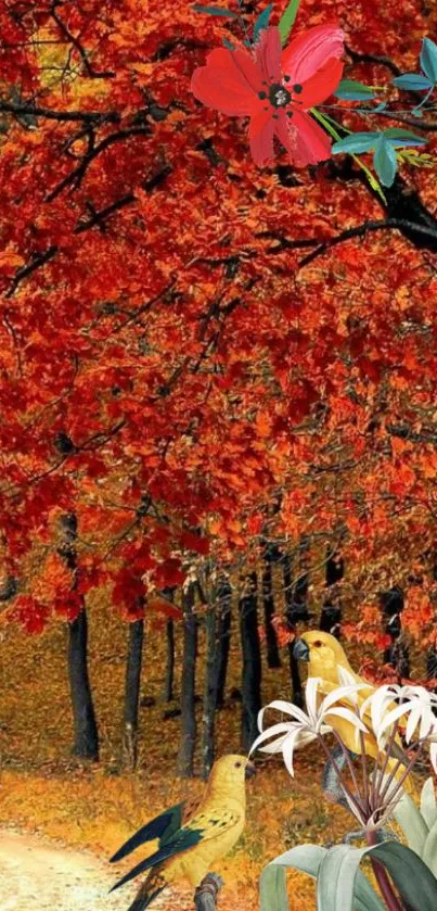 Autumn forest with red leaves and birds on branches.