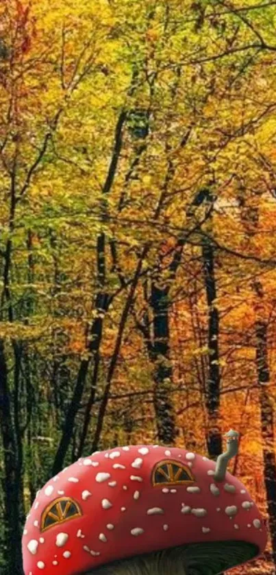 Mobile wallpaper of an autumn forest with a whimsical mushroom house.