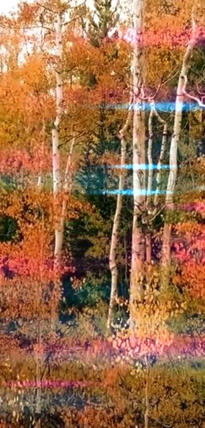 Autumn forest with neon glitch effect and vibrant colors.