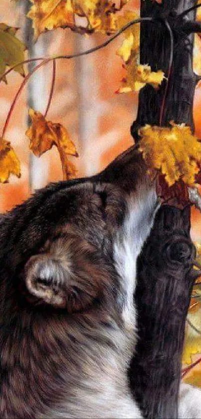 Wolf in autumn forest surrounded by golden leaves and trees.