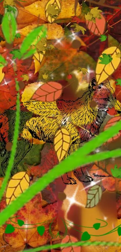 Vibrant autumn wallpaper with fox and leaves in enchanting forest scene.