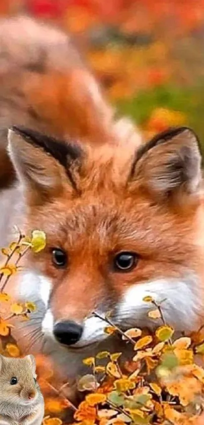 A curious fox in vibrant autumn foliage creating a stunning nature wallpaper.