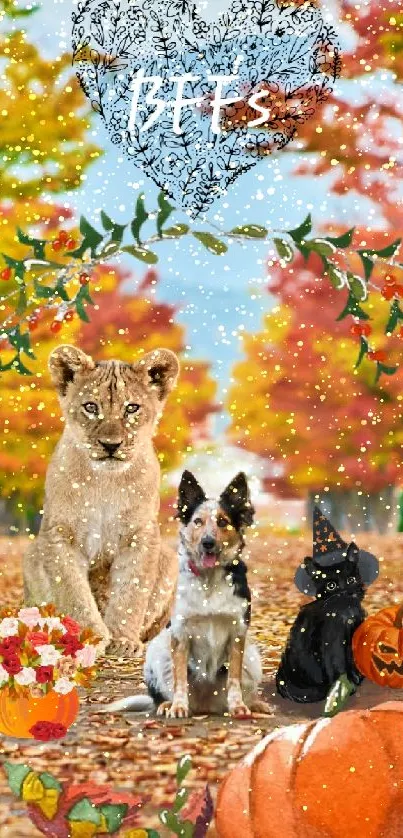 Lion cub and dogs on an autumn leaf-covered path.