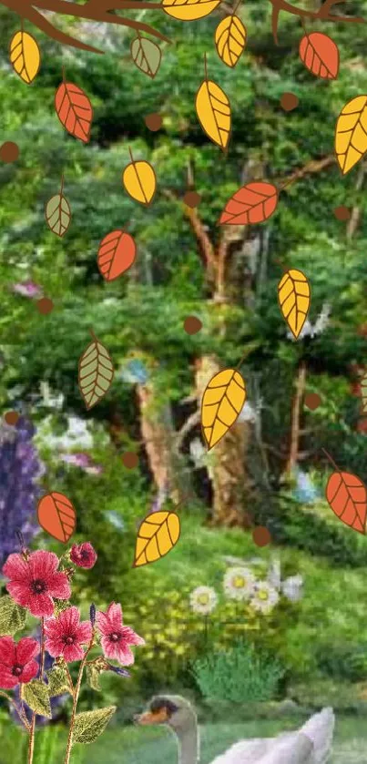 Autumn themed mobile wallpaper with leaves and flowers in a green garden.