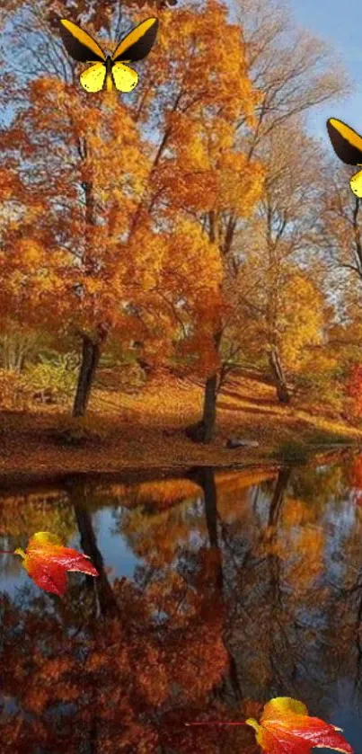 Autumn landscape with orange trees, reflections, and yellow butterflies.