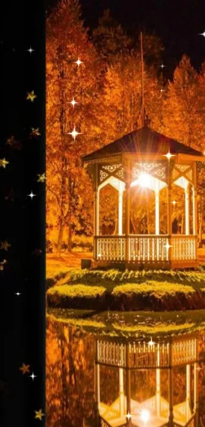 Orange autumn gazebo at night with starlit sky reflections on water.